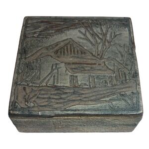 Vintage Wood Block Hand Carved Stamp Rustic Cabin Woods Winter  2.5x2.75 Inch